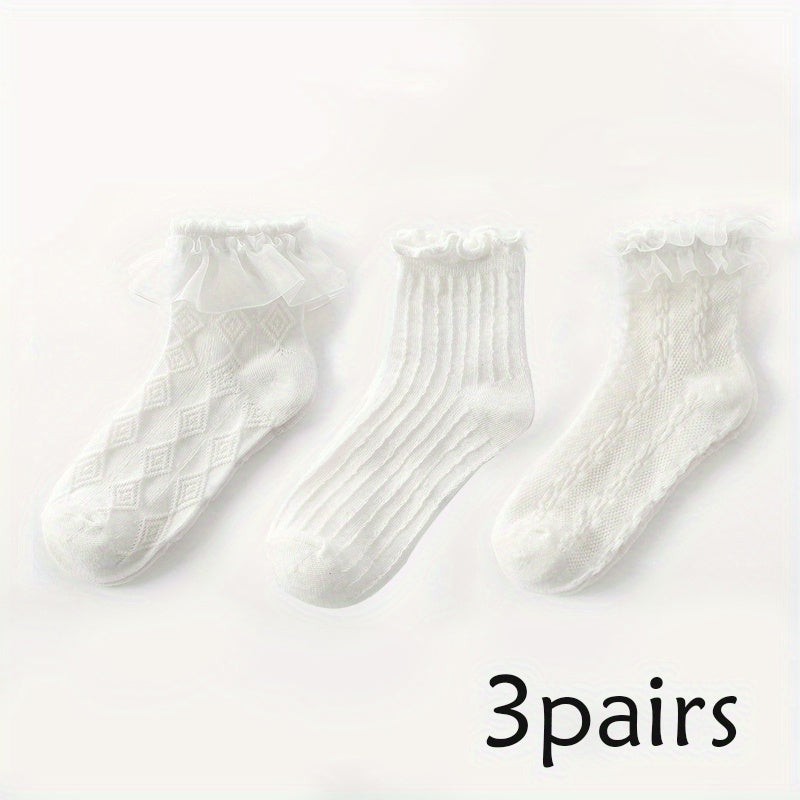 3 Pairs Children's Socks Breathable Girl Princess Lace Ruffled Bow Dance Socks