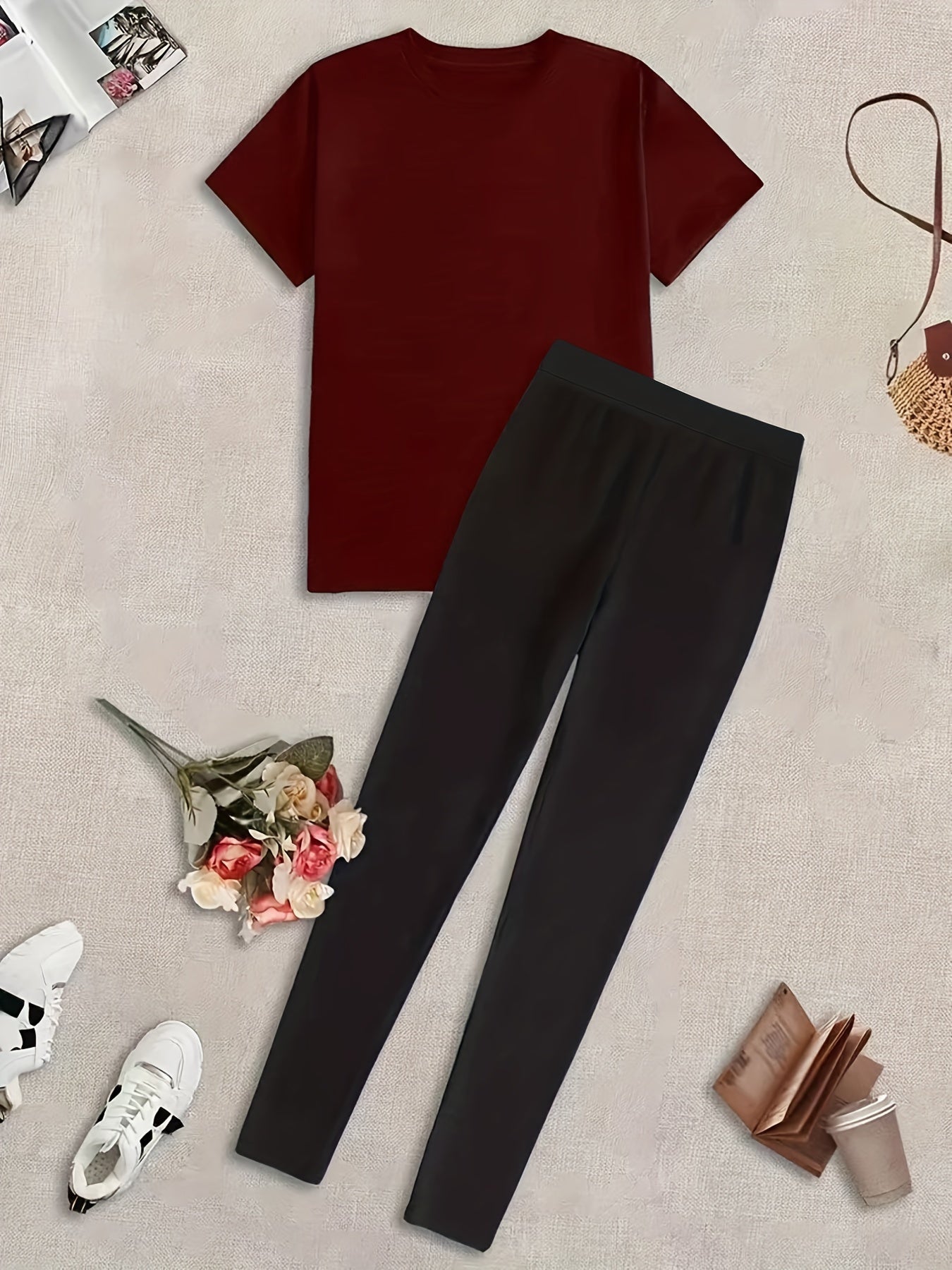Cat Print Two piece Pants Set Short Sleeve T shirt & Leggings Outfit