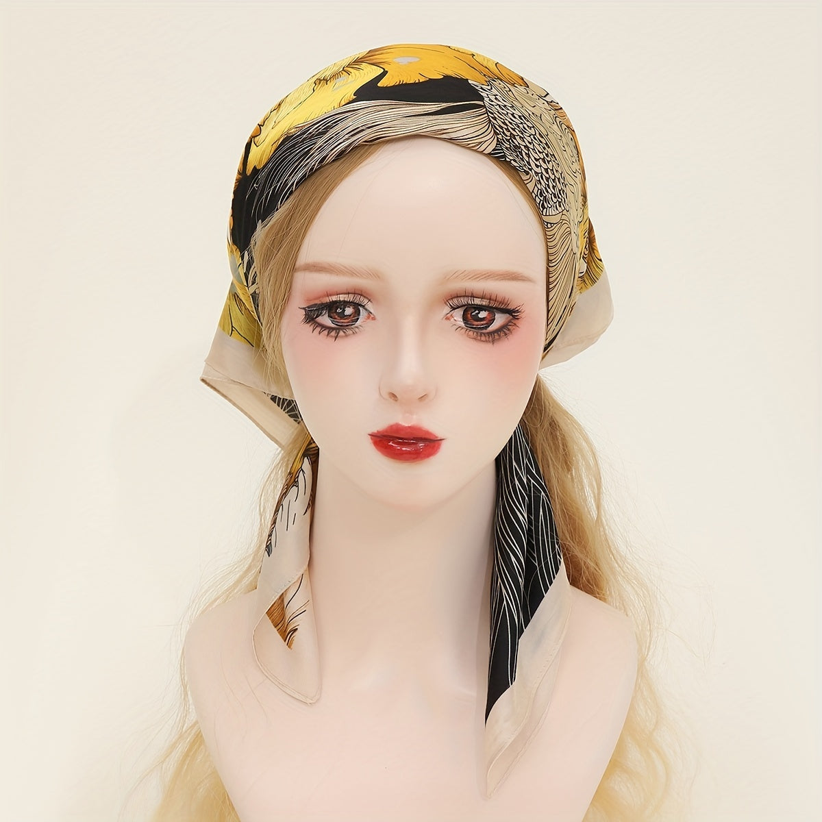 Goldfish Flower Print Bandana Yellow Satin Scarf for Women