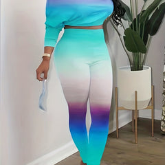Casual Gradient Two piece Set Cold Shoulder Long Sleeve Top & Slim Pants Outfits