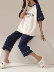 Letter Print Pajama Set Comfort Half Sleeve Top & Loose Cropped Pants