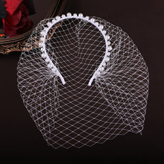 Bridal Veil & Faux Pearl Headband Diamond Grid for Weddings
