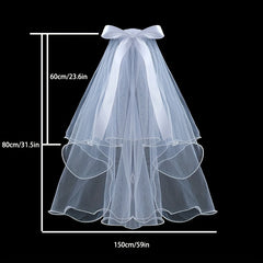 2 Tiers Faux Pearl Ribbon Bow Veil With Comb Wedding Headdress