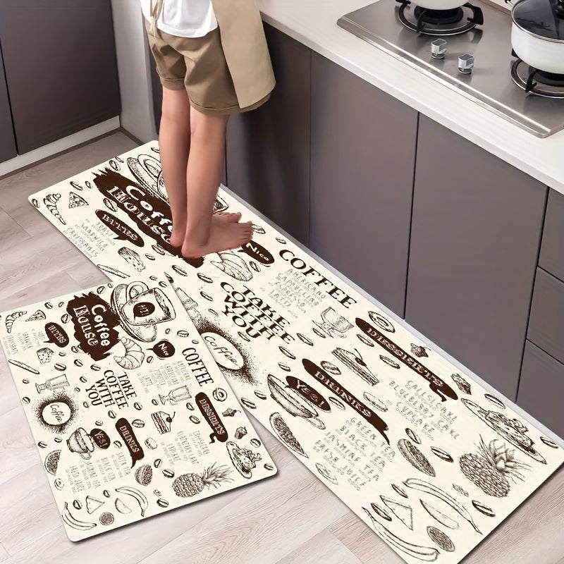 Absorbent Non Slip Coffee Pattern Kitchen Rugs Vintage Stain Resistant