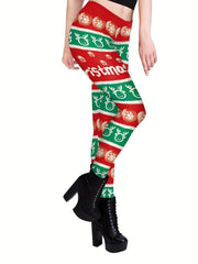 Christmas Print Skinny Leggings Elastic Waist Stretchy Leggings