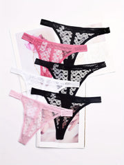 6pcs Heart Print Mesh Thongs Women's Lingerie & Underwear
