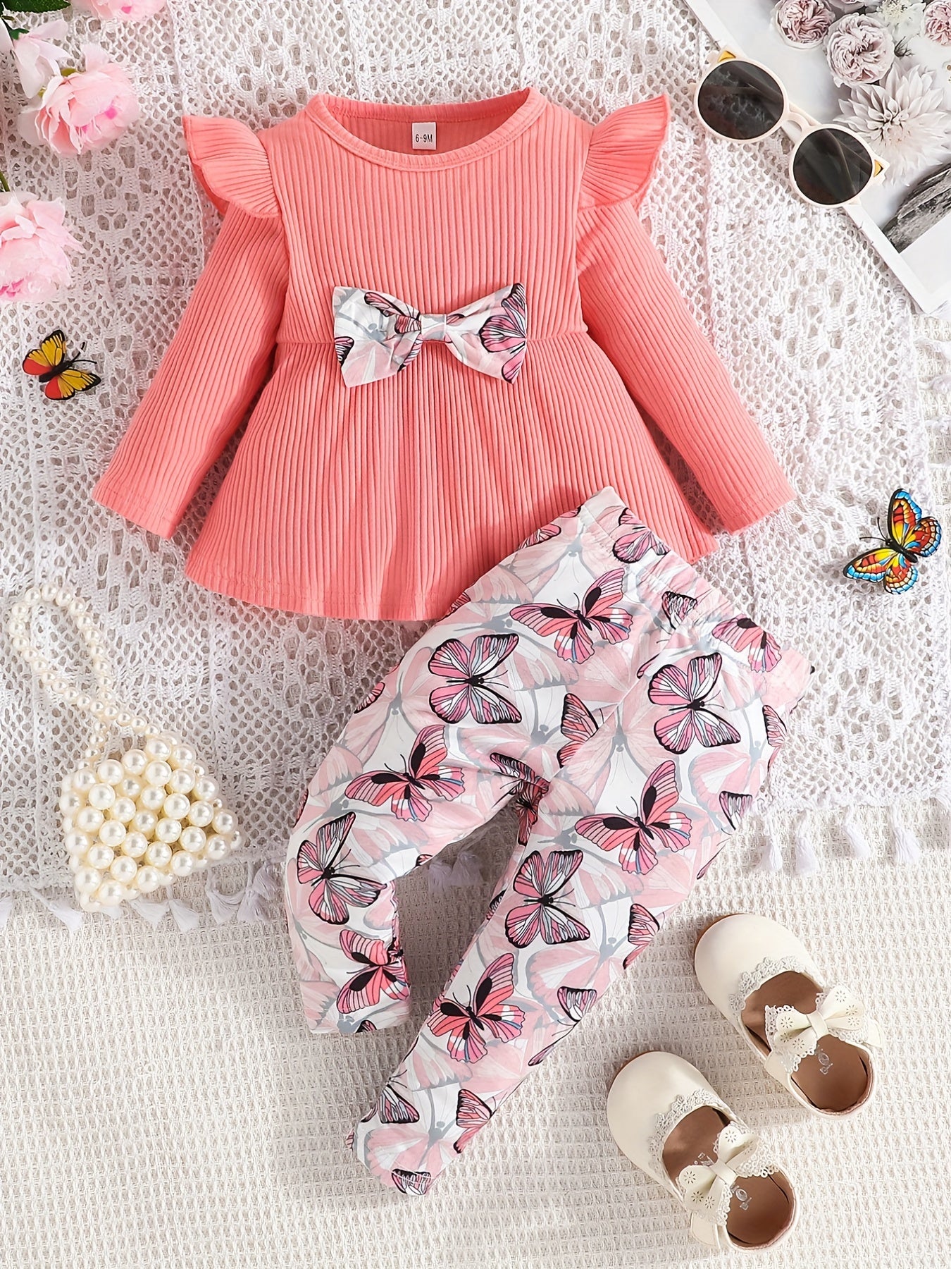 2pcs Girls Bowknot Top Butterfly Print Pants Set
