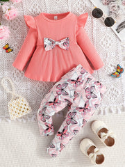 2pcs Girls Bowknot Top Butterfly Print Pants Set
