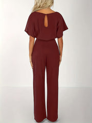 Casual Short Sleeve Wide Leg Jumpsuit with Tie Waist