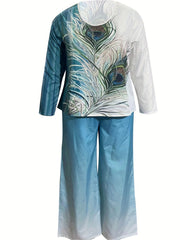 Ombre & Feather Print Tee & Pants Set