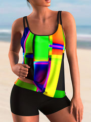 Modest Tankini Set Women's Plus Geo Print Round Neck Cami Top & Shorts