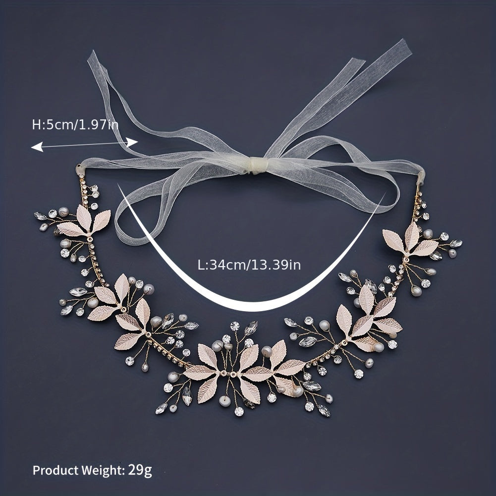 Leaf Charm Hair Band Rhinestone & Faux Pearl Decor Headband Bridal