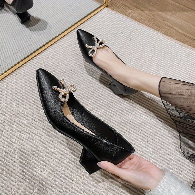 Pearl Bowknot Mid Heel Pointed Toe Pumps