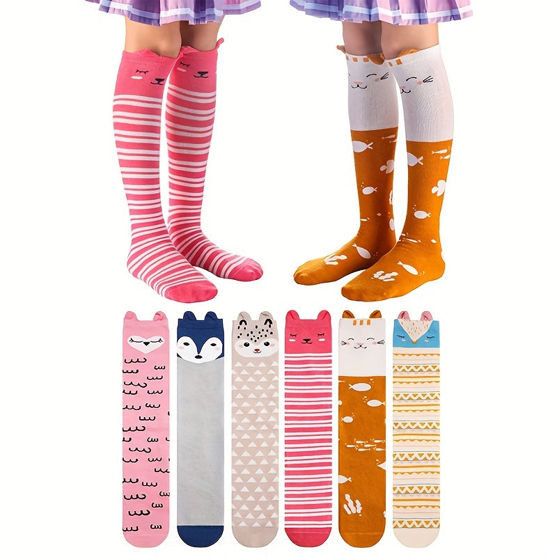 Girl's Animal Pattern Striped Knee High Socks Cotton Blend Long Stockings