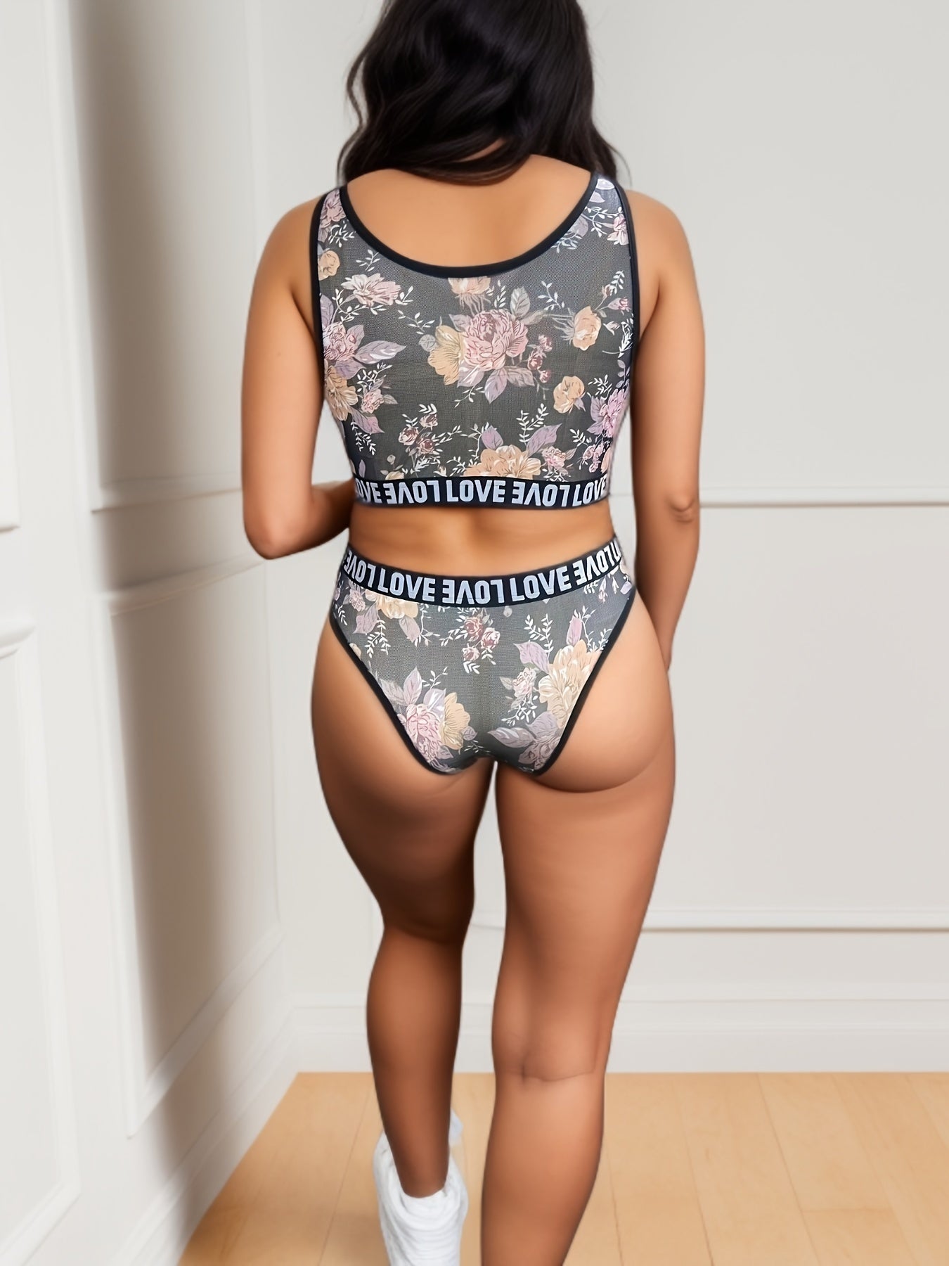 Floral Print Lingerie Set Letter Print Bra & Stretch Panties