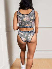 Floral Print Lingerie Set Letter Print Bra & Stretch Panties