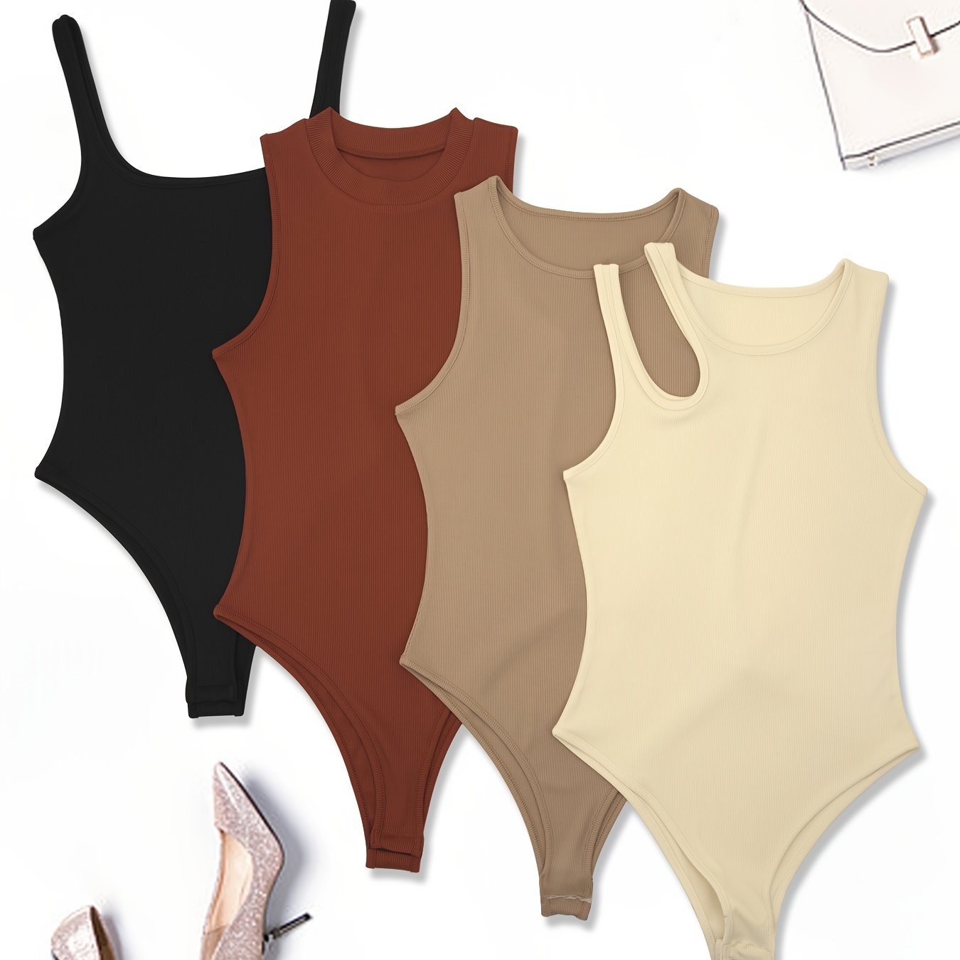 Ribbed Knit Bodysuit 4 Pack Sleeveless Casual Bodysuits