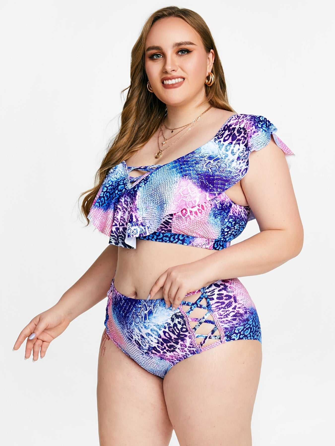 Animal Print Ruffle Trim Swimsuit Set