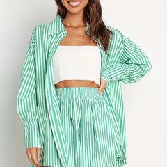 Stripe Print Button Up Blouse & Shorts Set