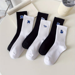 6 Pairs Fox Embroidery Socks - Comfy & Breathable Mid Tube Women's Stockings