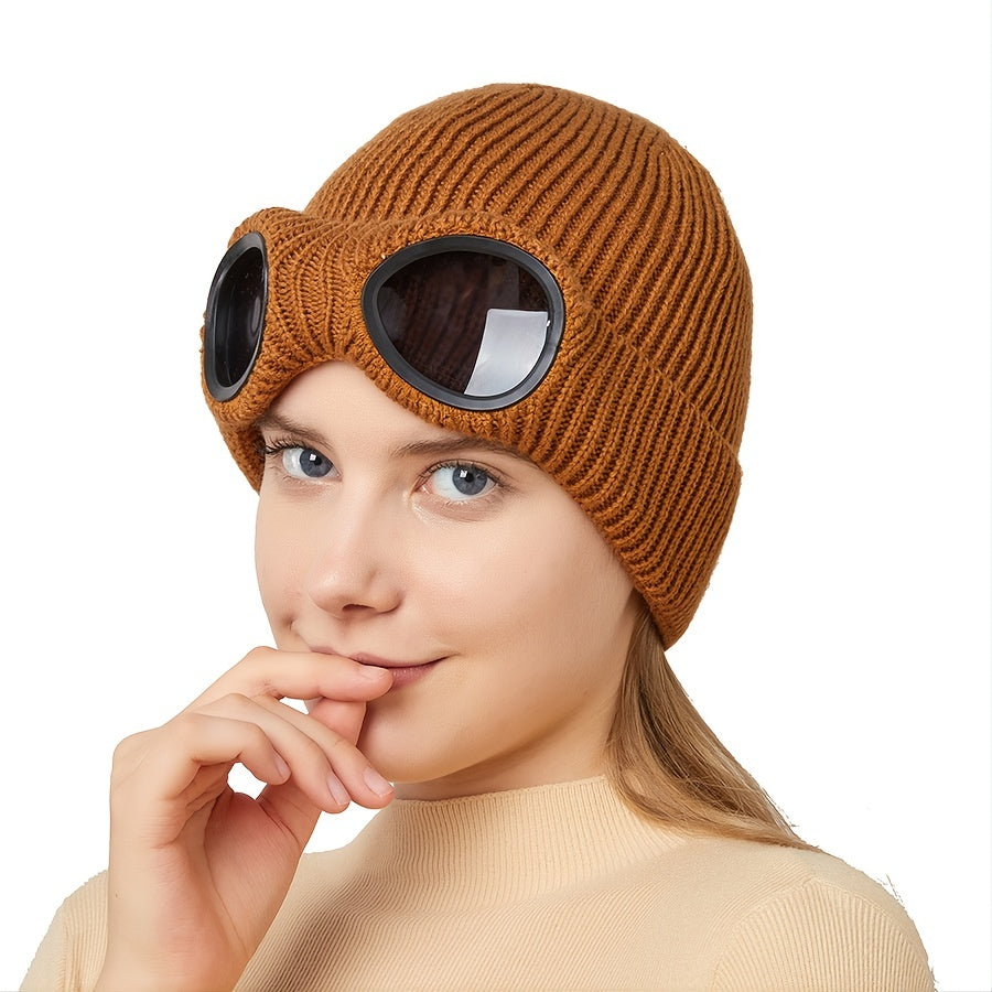 Warm Knitted Beanie Hat with Ski Goggles for Winter Outdoor Activities