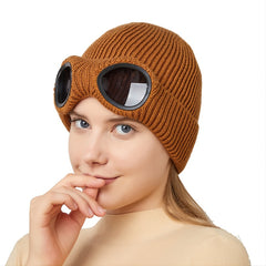 Warm Knitted Beanie Hat with Ski Goggles for Winter Outdoor Activities