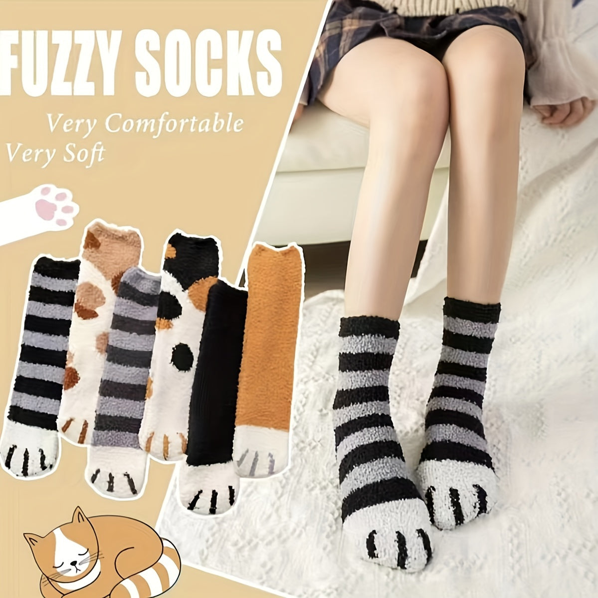 6 Pairs Cotton Cat Claw Pattern Socks for Women Men Children Girls