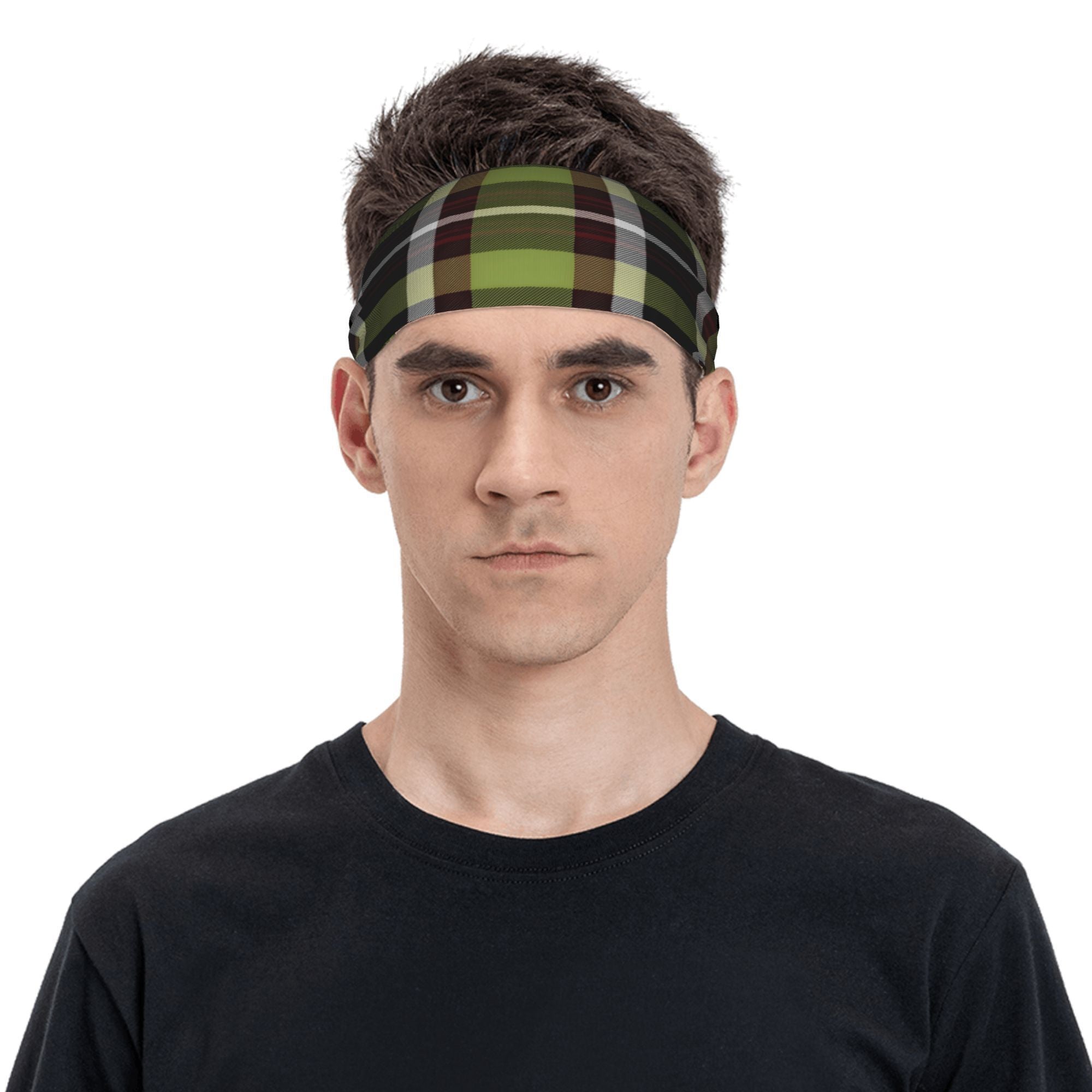 Men's Vintage Plaid Headband Olive Green Gray Grip Hairband Gym Running Casual