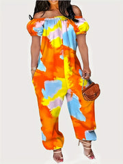 Tie Dye Puff Sleeve Jumpsuit Medium Stretch with Pockets