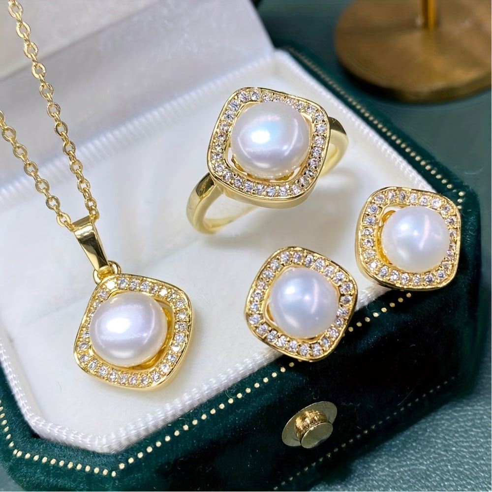 4pcs Girls Faux Pearl Pendant Necklace & Ring & Earrings Jewelry Set