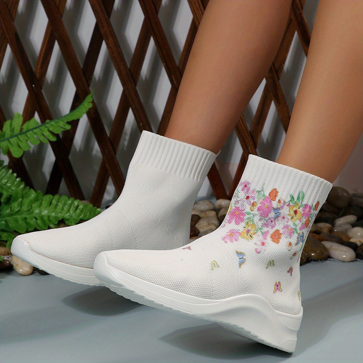 Women's Butterfly Floral Knit Ankle Boots Stretch Sock Shoes