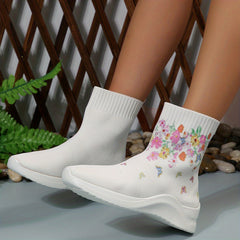 Women's Butterfly Floral Knit Ankle Boots Stretch Sock Shoes