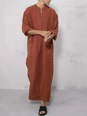 Cotton Muslim Men Long Sleeve Thobe Saudi Arab Kaftan Islamic Dubai Robe