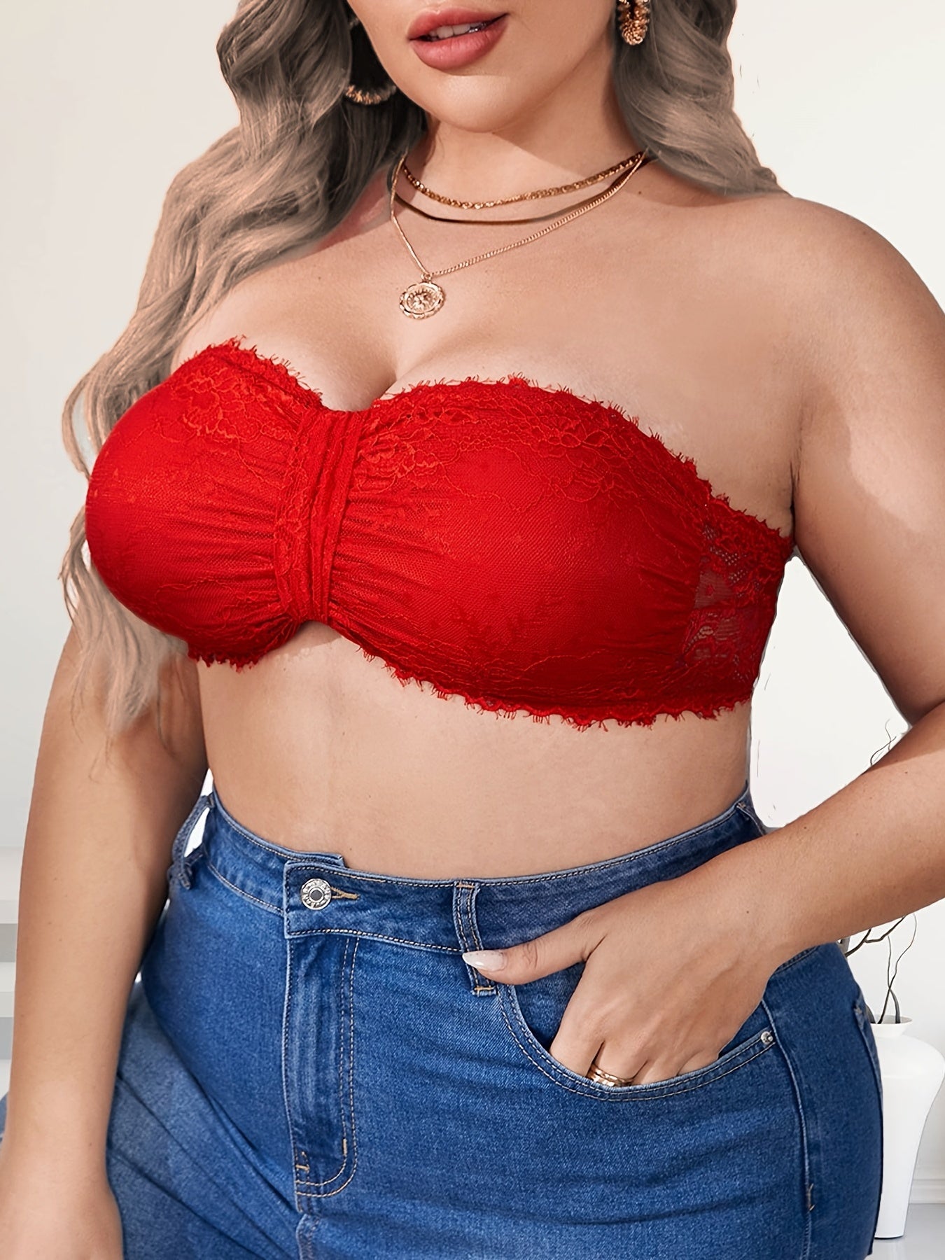 Contrast Lace Ruched Front Plus Size Tube Bra