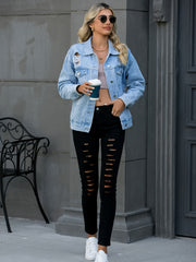 Ripped Flap Pockets Denim Jackets Button Closure Long Sleeve Lapel Denim Coats