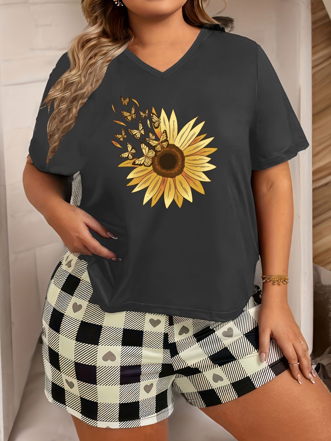 Butterfly Sunflower Print V Neck Pajama Top