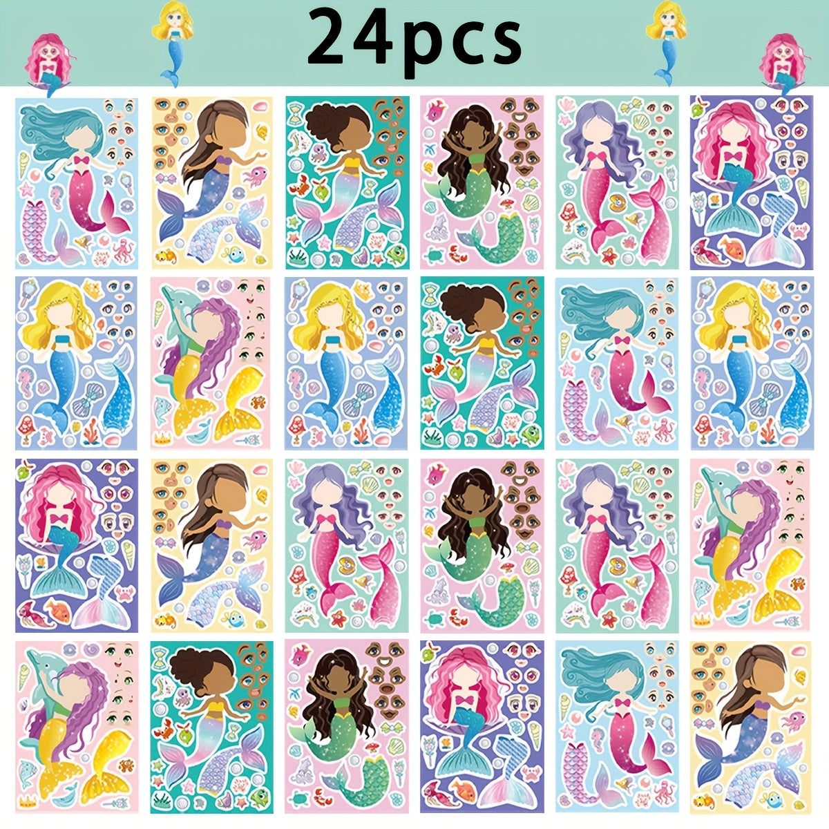 Mermaid Sticker Sheets Set - DIY Mix And Match Face Stickers