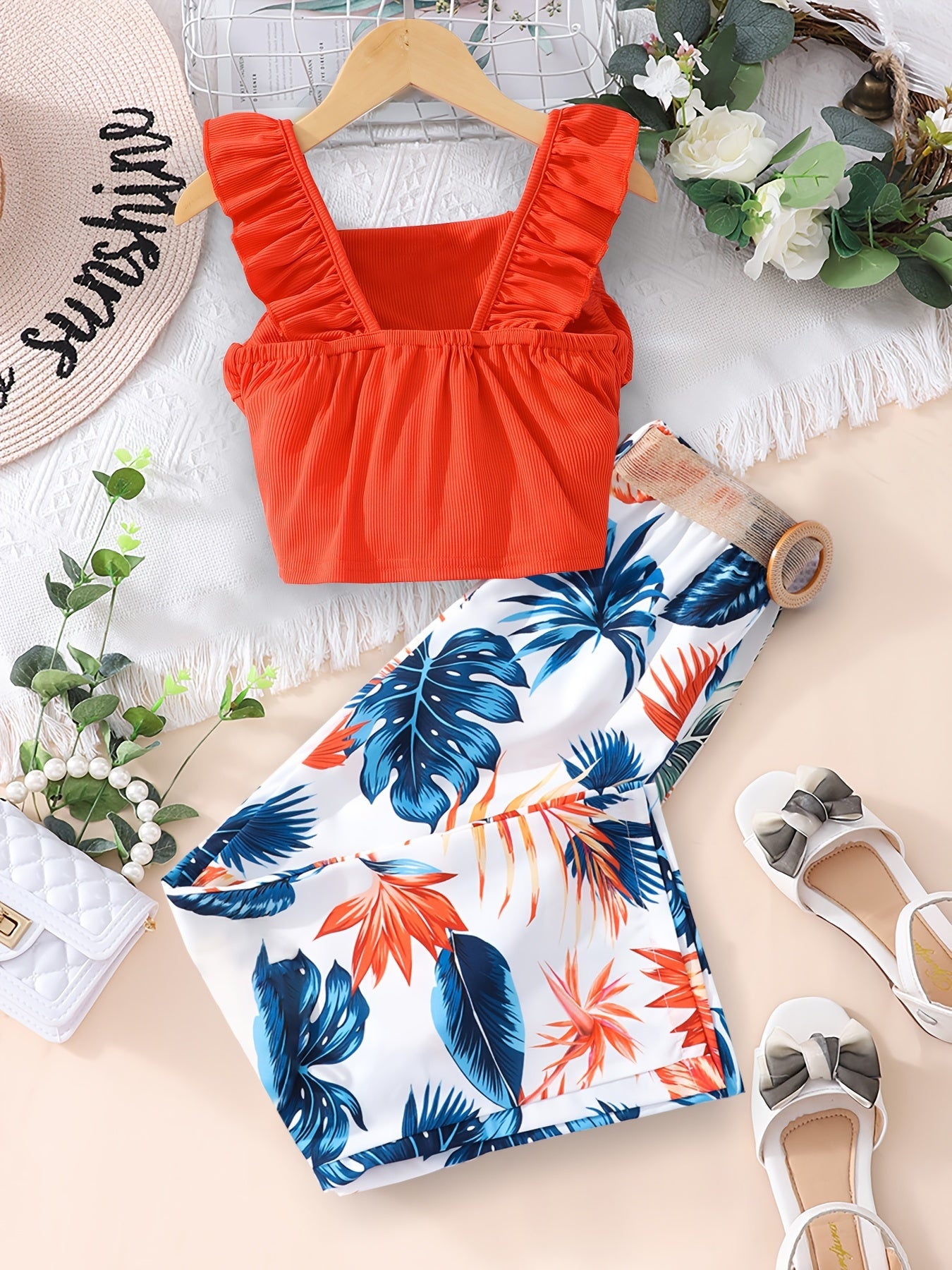 Girls 2pcs Outfits Ribbed Ruffle Tank Top & Plant Print Pants Set
