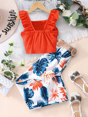 Girls 2pcs Outfits Ribbed Ruffle Tank Top & Plant Print Pants Set