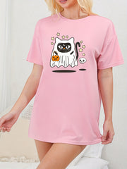 Halloween Dress Cat Ghost & Pumpkin Print Round Neck Nightdress