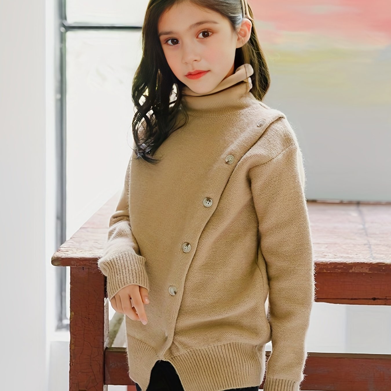 Girls Knitted High Neck Sweater Button Warm Pullover for Fall Winter Party
