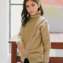 Girls Knitted High Neck Sweater Button Warm Pullover for Fall Winter Party