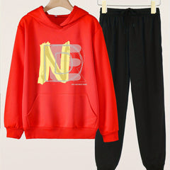 2pcs Letter Print Hooded Outfit For Girls Hoodie & Pants Set