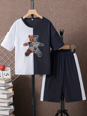 Boys Bear Print Casual Outfit Round Neck T shirt & Shorts Set