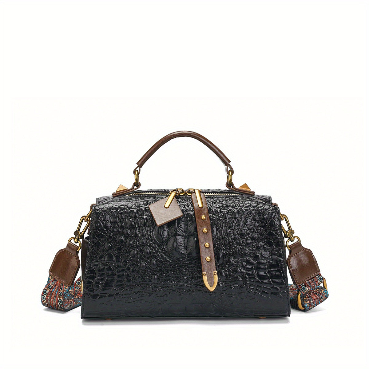 Crocodile Texture Tote Bag with Embroidered Strap for Evening Events
