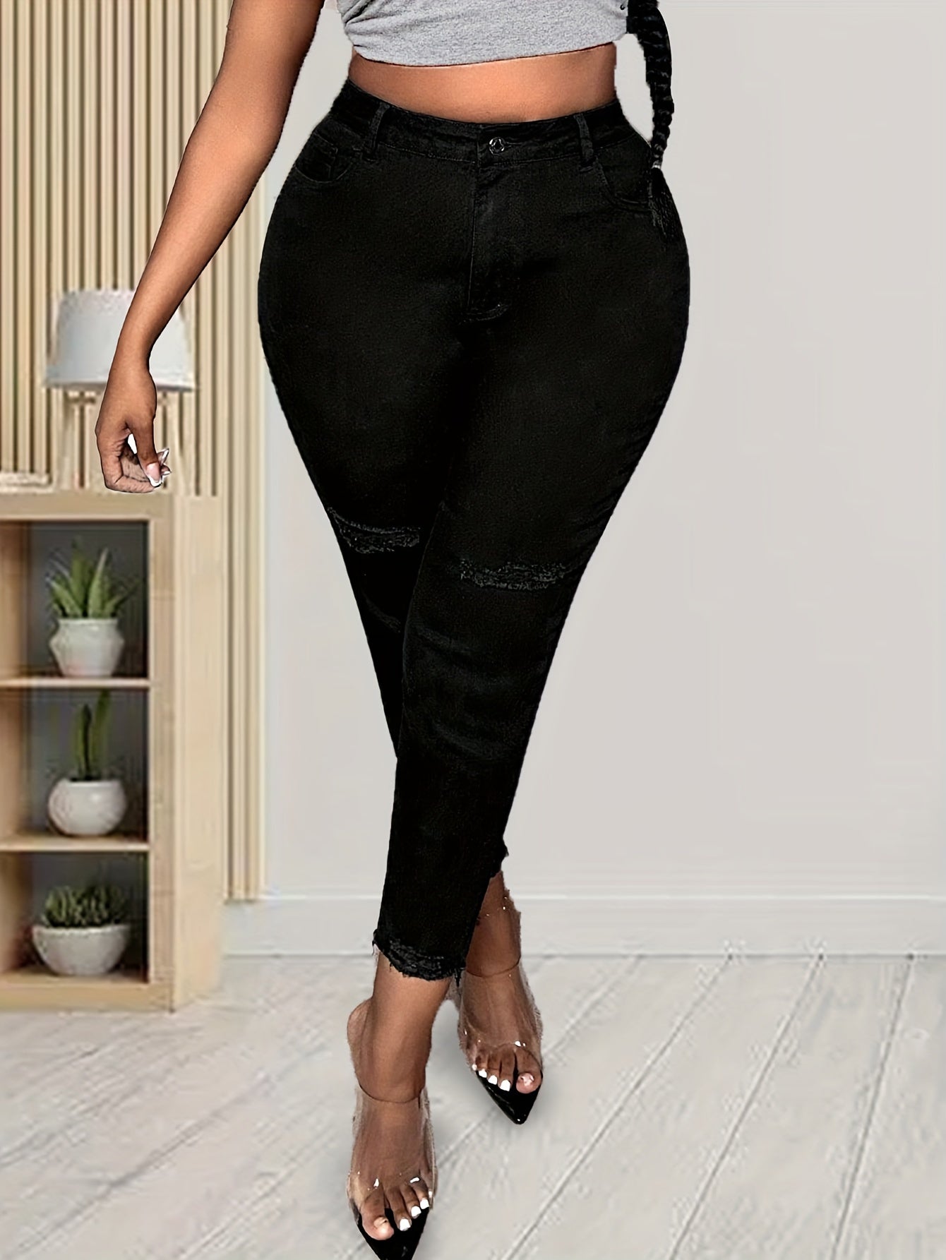 Ripped Fringe High Rise Skinny Jeans