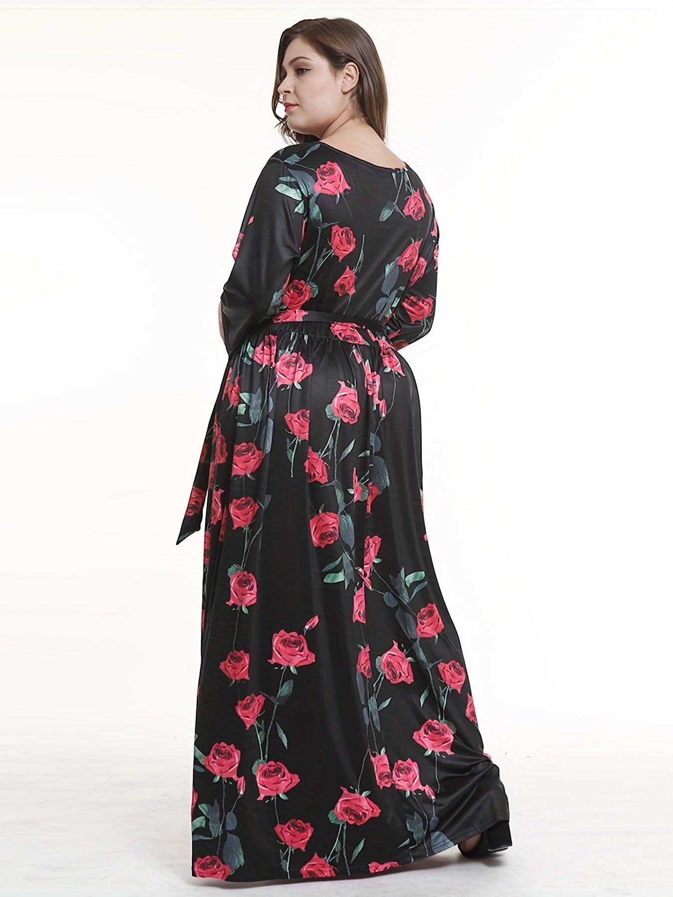 Floral Print Long Sleeve Plus Size Maxi Dress with Belt