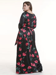 Floral Print Long Sleeve Plus Size Maxi Dress with Belt