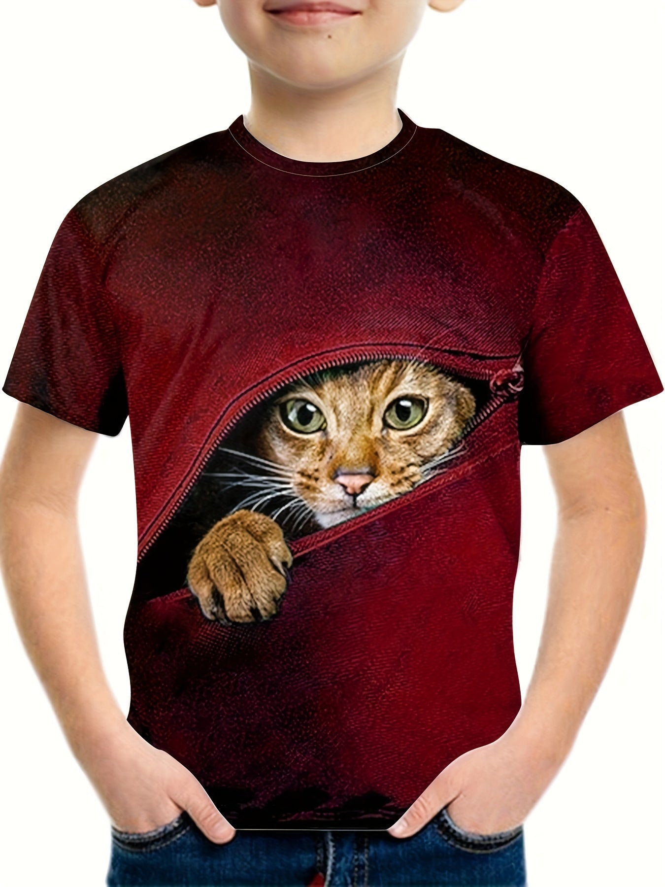 Boy's Zipper & Cat Graphic T shirt Casual Slightly Stretch Tee Kid's Clothing