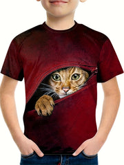 Boy's Zipper & Cat Graphic T shirt Casual Slightly Stretch Tee Kid's Clothing